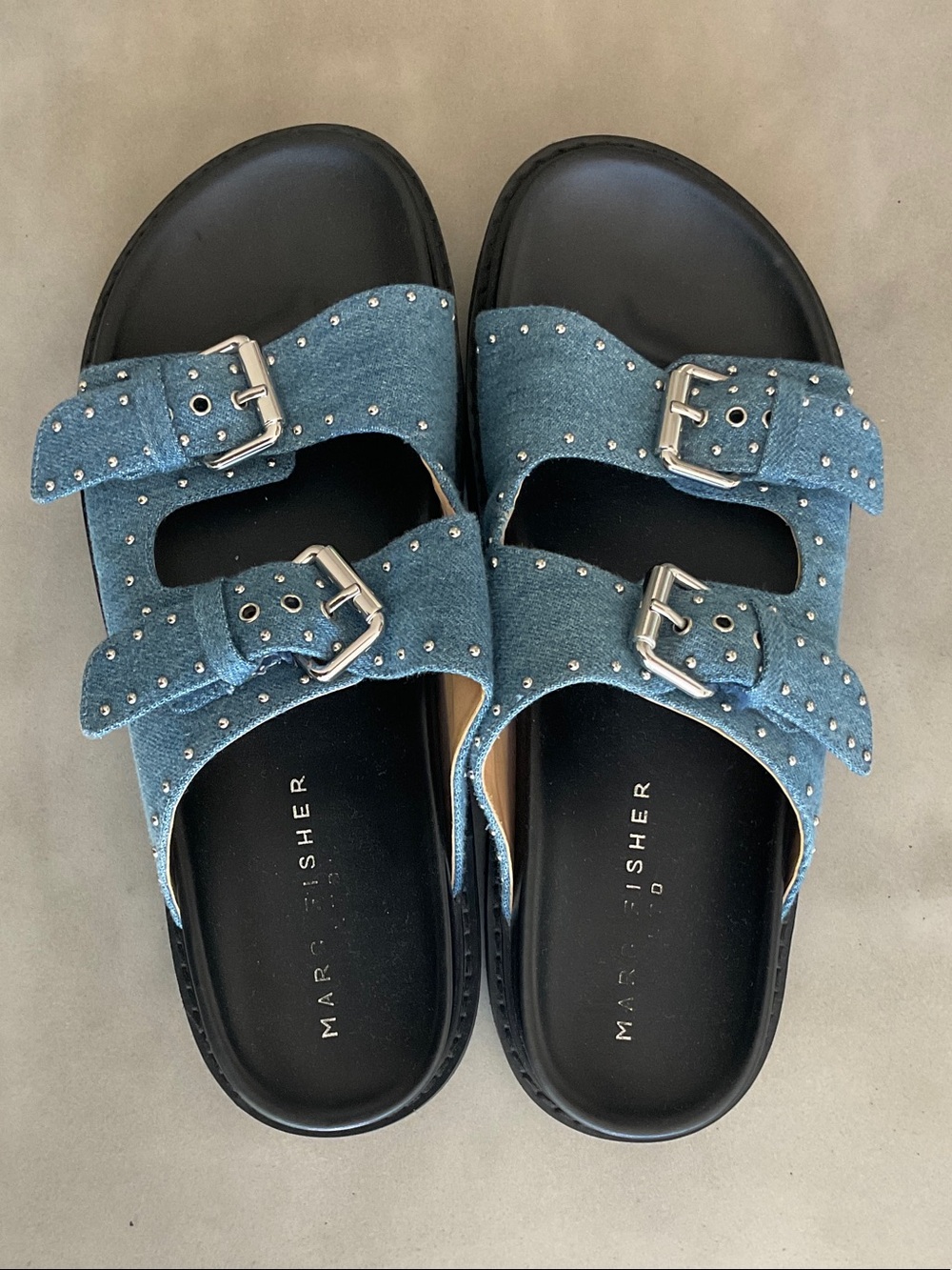 Marc Fisher Blue Denim Studded Double-Buckle Slide Sandals